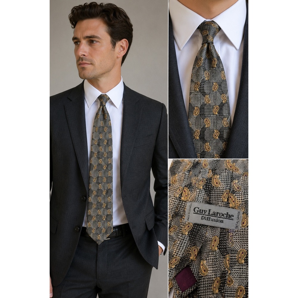 Guy Laroche Diffusion Mens Silk Tie Grey Black Paisley Geometric Made in Canada
